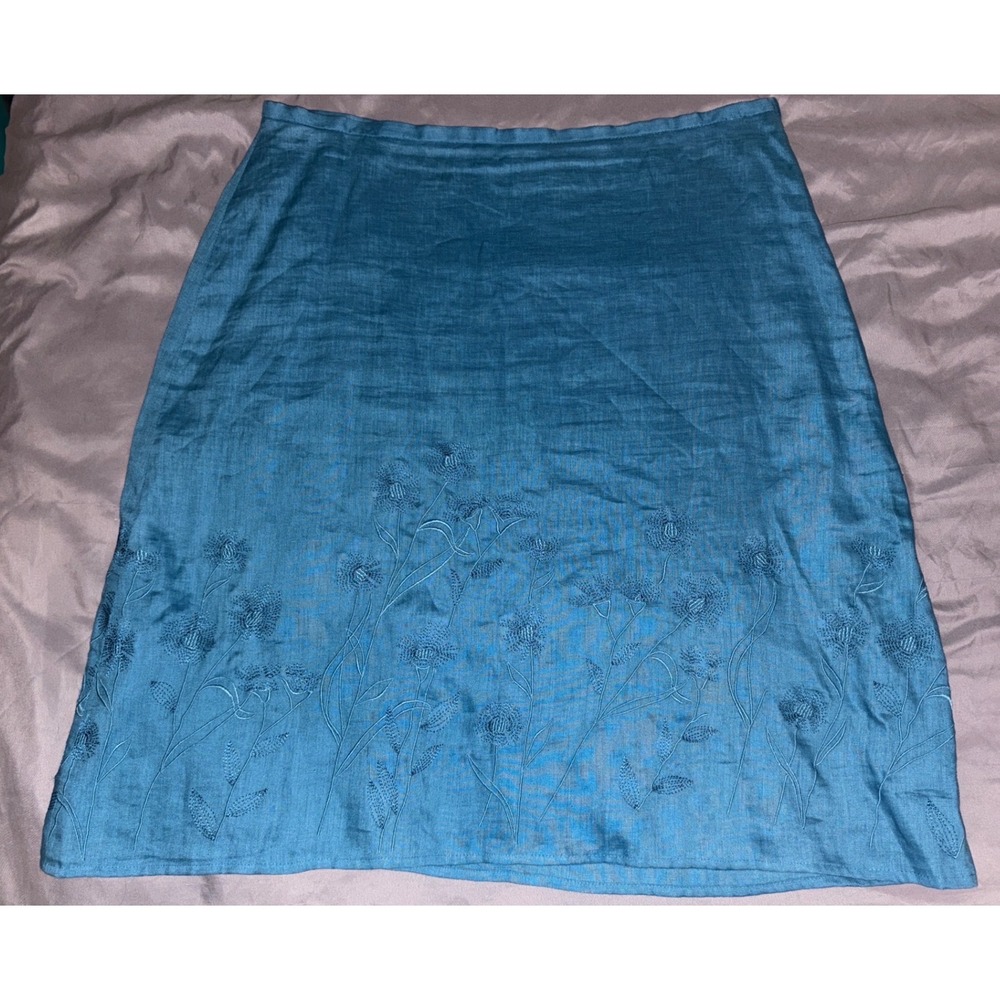 Anne Klein Women's Blue 100% Linen Floral Embroidered Knee Length Skirt, 14